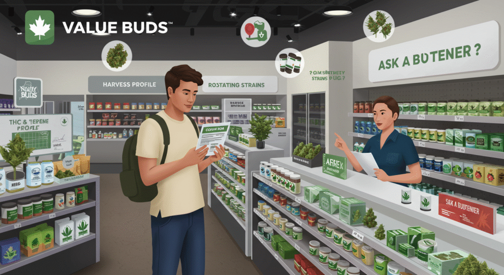 A man and woman browse a Value Buds store filled with various products on shelves around them.