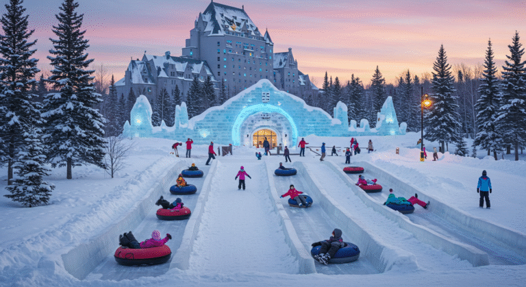 A group of people enjoying sledding on a hill at the Ice Castle in Quebec’s Village Vacances Valcartier, with ice structures in the background.