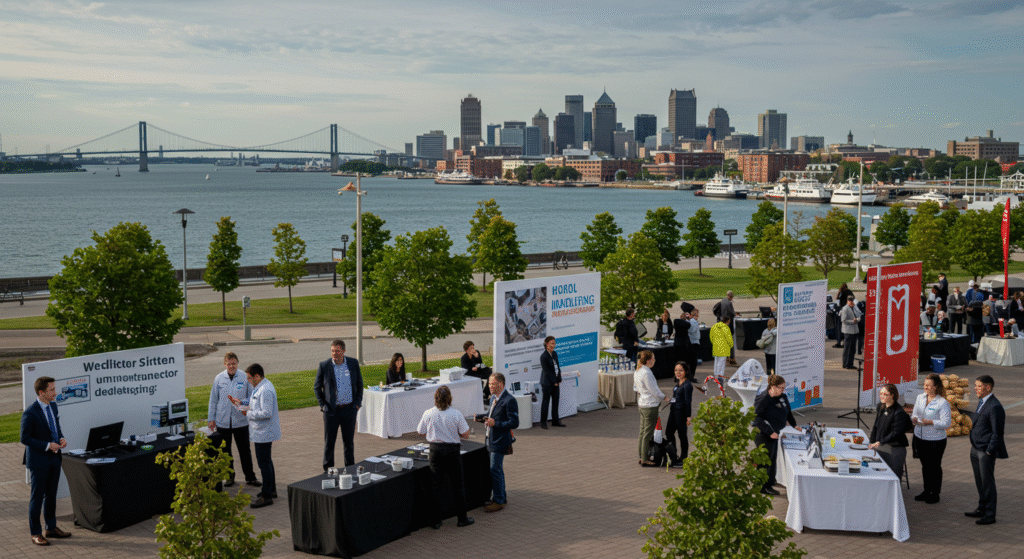 A group of people gathered around tables, enjoying a city view in the background, networking and discussing City of Windsor jobs.