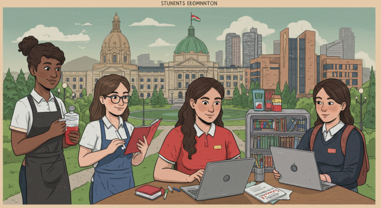 Cartoon of four girls at a table, each using a laptop, engaged in conversation and collaboration while exploring opportunities for part time jobs Edmonton.