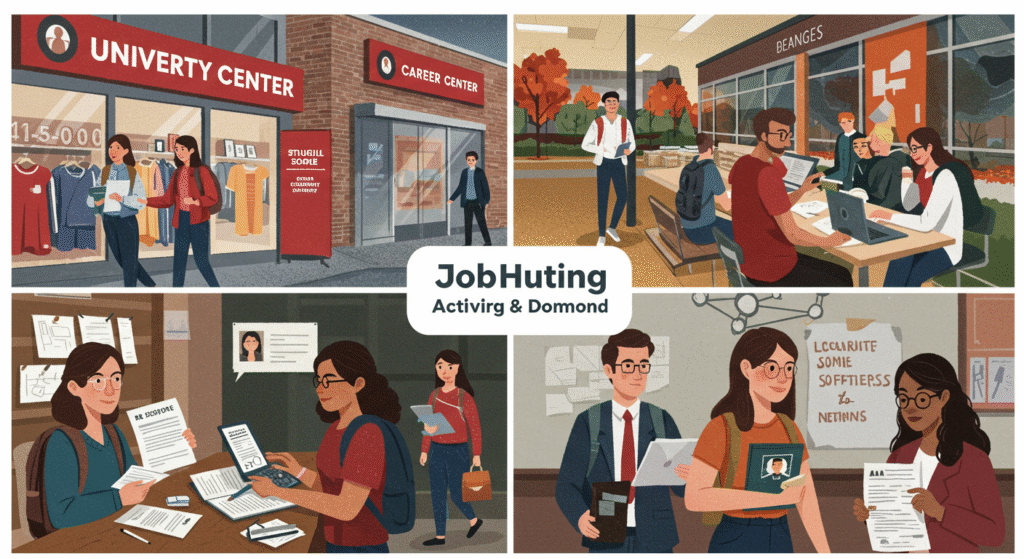 Four illustrations show diverse individuals engaged in various university work settings, including teaching and research, while also exploring opportunities for part time jobs Edmonton.