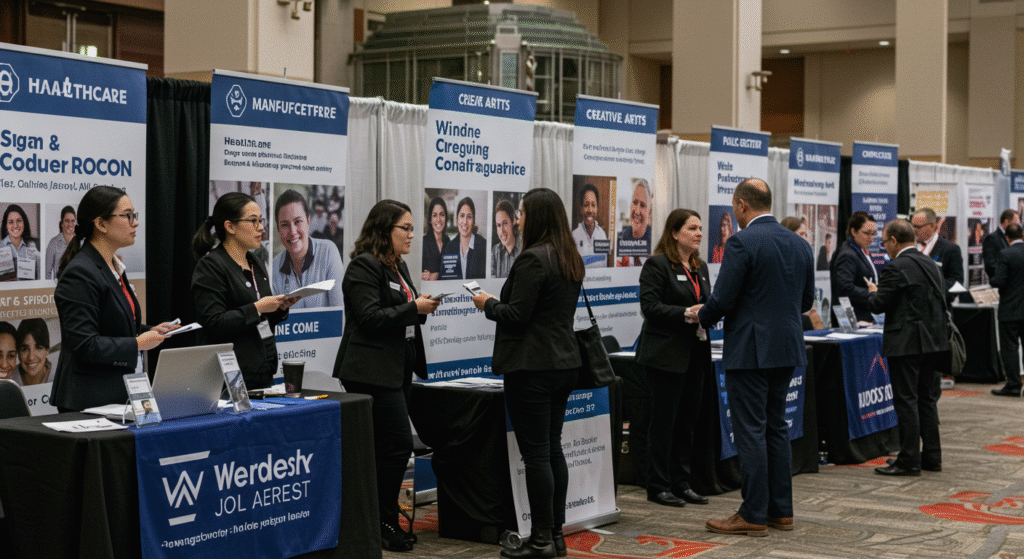 A diverse group of people gathers around a table at a job fair in Windsor, discussing opportunities for City of Windsor jobs and sharing resumes.