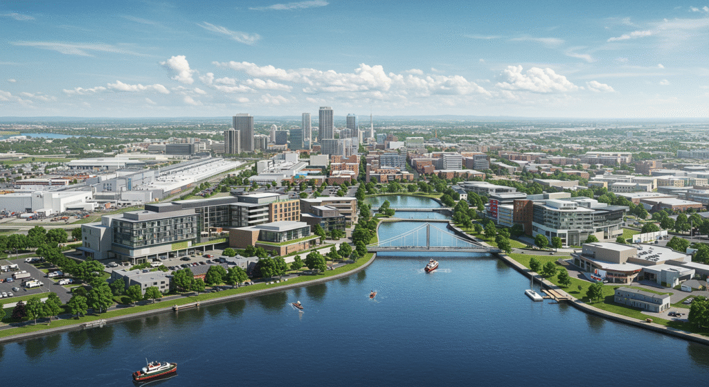 A scenic view of Windsor, Ontario, with tall buildings and a river, highlighting the blend of architecture and water that frames the City of Windsor jobs market.