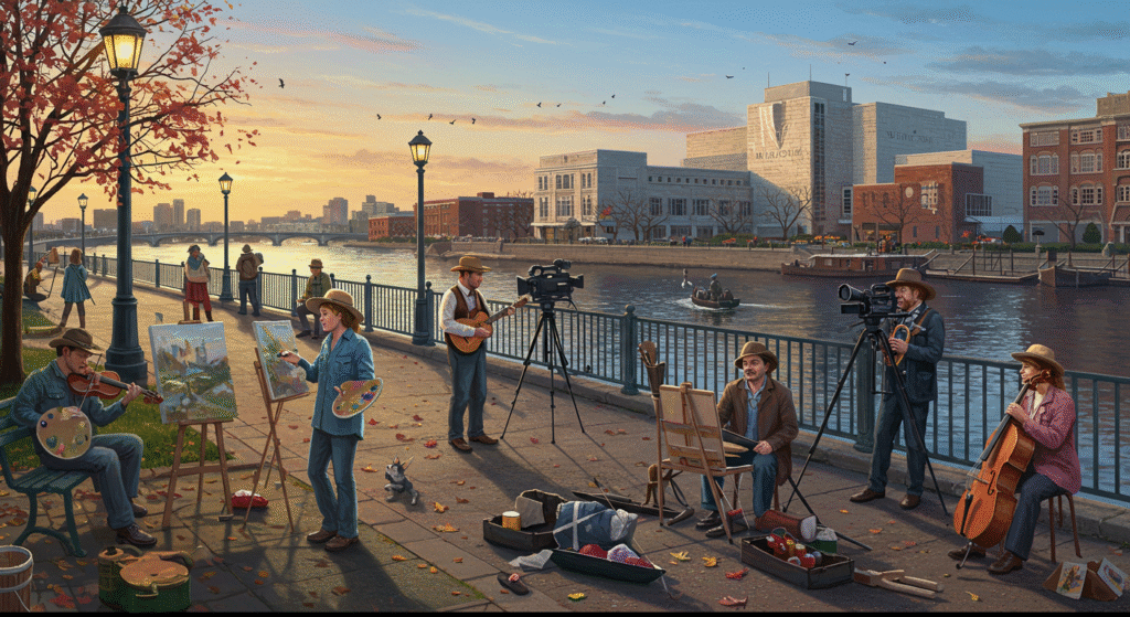 An artwork showing people on the river's edge in Windsor, immersed in conversation and the beauty of the flowing water, symbolizing community connections in the City of Windsor jobs market