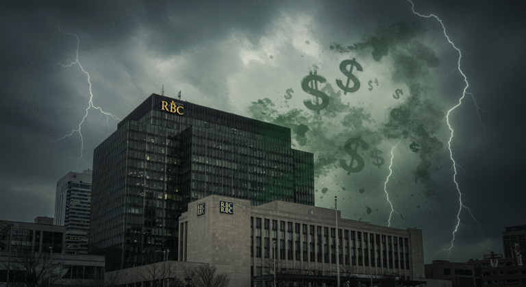 A modern building prominently featuring a large dollar sign on its glass facade, symbolizing finance and corporate wealth, set against a moody sky to represent controversy and uncertainty—perfect for illustrating the topic "BC sustainable finance goals abandoned."