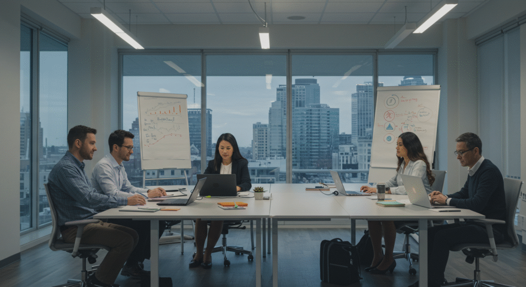 A group of business professionals engaged in discussion around a conference table in a modern office setting, planning strategies for City of Windsor jobs.