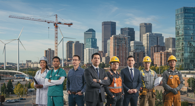 Several construction workers stand together against a backdrop of a city skyline, highlighting their role in urban construction.