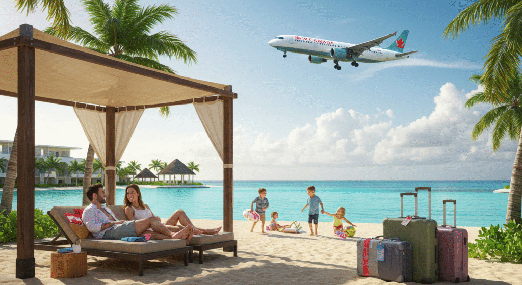 A family relaxes on the beach as a plane from vacances Air Canada soars overhead against a clear blue sky capturing the essence of stress-free, all-inclusive travel.