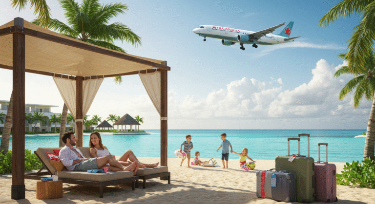 A family relaxes on the beach as a plane from vacances Air Canada soars overhead against a clear blue sky capturing the essence of stress-free, all-inclusive travel.