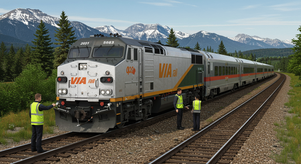 A train traveling along the tracks, surrounded by greenery and a clear blue sky, symbolizing career opportunities with VIA Rail jobs.