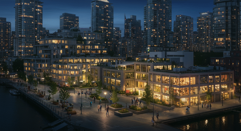 A nighttime cityscape featuring tall buildings reflecting on calm water under a starry sky, symbolizing the vibrant connections and opportunities found through Doublelist Vancouver.