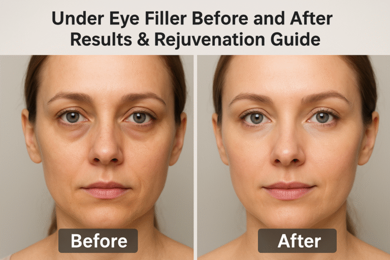 Side-by-side comparison of under eye filler before and after results, showing reduced dark circles, smoother skin, and brighter eyes.