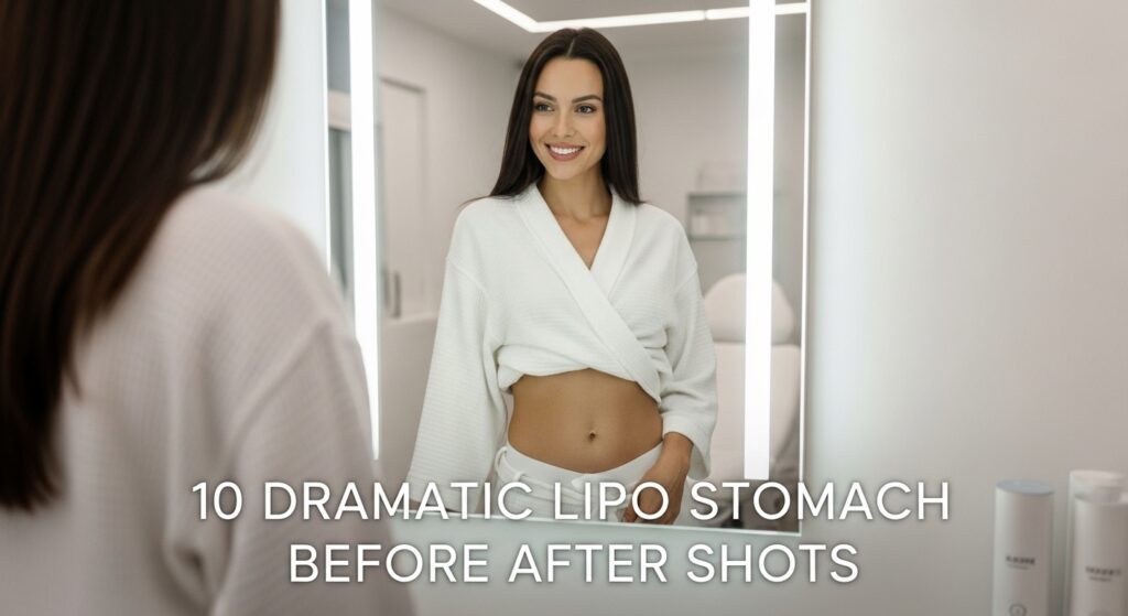 A woman in a white robe smiles at herself in the mirror, showing her flat stomach after cosmetic surgery. The bright, modern clinic room reflects confidence and transformation. Text overlay reads “10 Dramatic Lipo Stomach Before After Shots – Real Results and Recovery Inspiration.