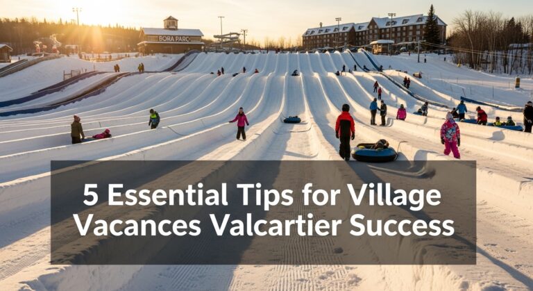 Snow tubing park at sunset with people sliding, surrounded by snowy landscape and lodge. Text overlay reads "5 Essential Tips for Village Vacances Valcartier Success."