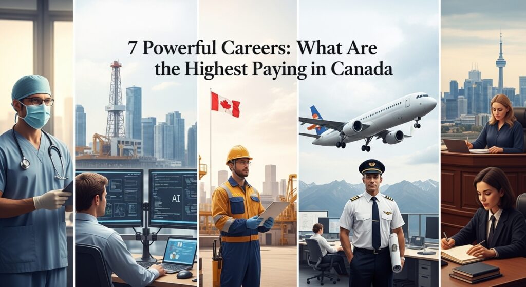 Collage showing 7 high-paying careers in Canada, including a doctor, engineers at a control desk, construction worker, airplane, pilot, and businesspeople in an office with a city skyline, highlighting what are the highest paying jobs in Canada.